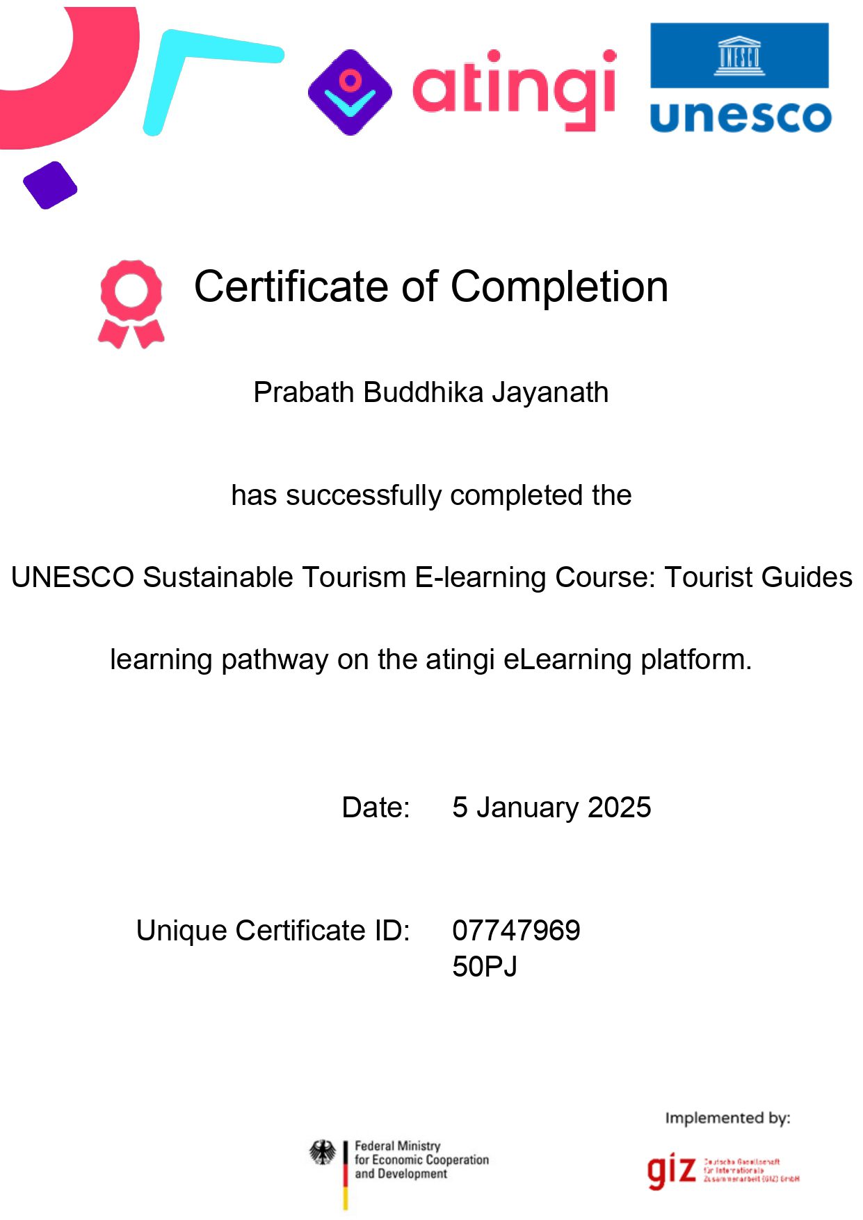 Unesco Sustainable Tourism Certificate